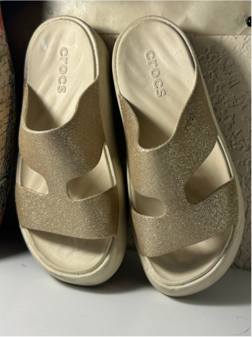 Women's Crocs Platform Sandals in Beige and Gold Glitter 4
